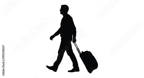 A black silhouette of a man walking forward pulling a rolling suitcase conveying a sense of travel and movement silhouette