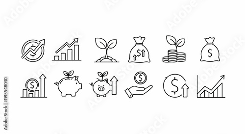 A collection of icons representing various aspects of finance and investment Vector