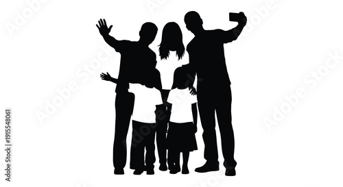 A family of four including a mother father and two children posing for a photo with celebratory gestures silhouette