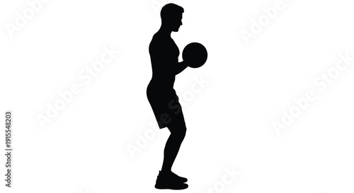 A black silhouette of a male athlete dribbling a basketball while standing in profile against a stark white background