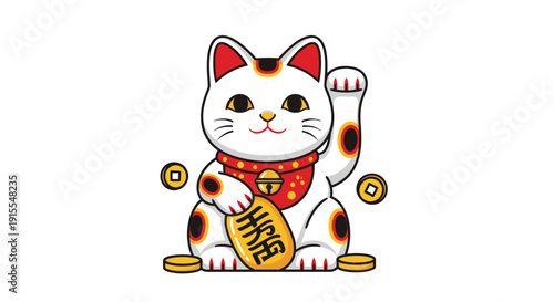Lucky Cat Waving Paw with Gold Coins, Japanese Maneki Neko for Fortune