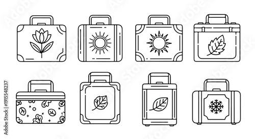 A collection of nine illustrated suitcases with various nature-themed designs. Vector