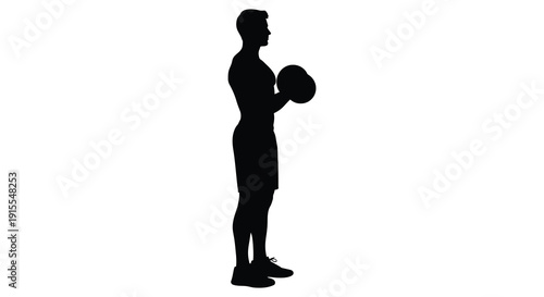 A black silhouette of a muscular man in athletic wear standing and holding a ball in a side profile view demonstrating fitness
