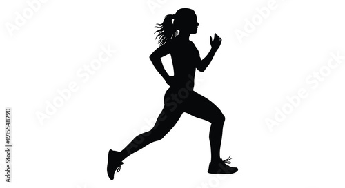 A dynamic black silhouette of a female athlete mid stride seemingly running with focused energy against a stark white background silhouette
