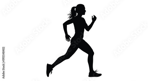 A black silhouette of a female athlete in mid stride dynamically running forward with focused energy and athletic grace silhouette