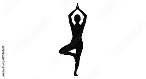 A black silhouette depicts a person performing tree pose yoga showcasing balance and serenity against a stark white background