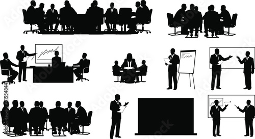 Silhouette of business people in various meeting and presentation settings teamwork and collaboration silhouettes