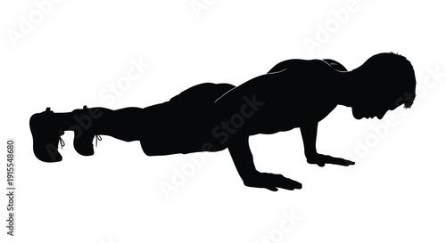 A black silhouette depicts a person performing a push up exercise with focused posture and athletic stance highlighting fitness and strength
