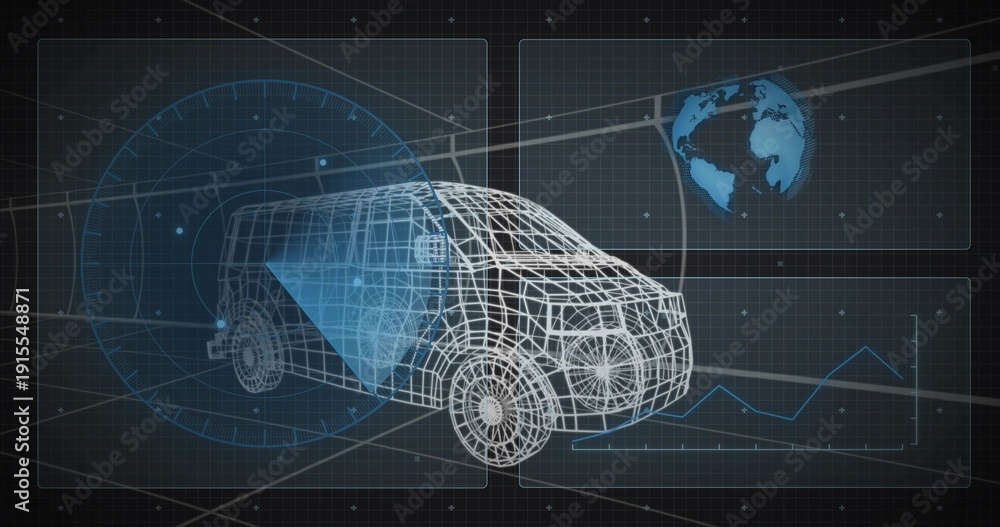 Naklejka premium Displaying wireframe passenger van projecting triangular blue sensor cone on dark grid with radar