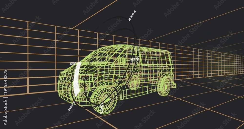 Fototapeta premium Showing neon-green wireframe van rotating in 3D studio, with orange grid and measurement arcs