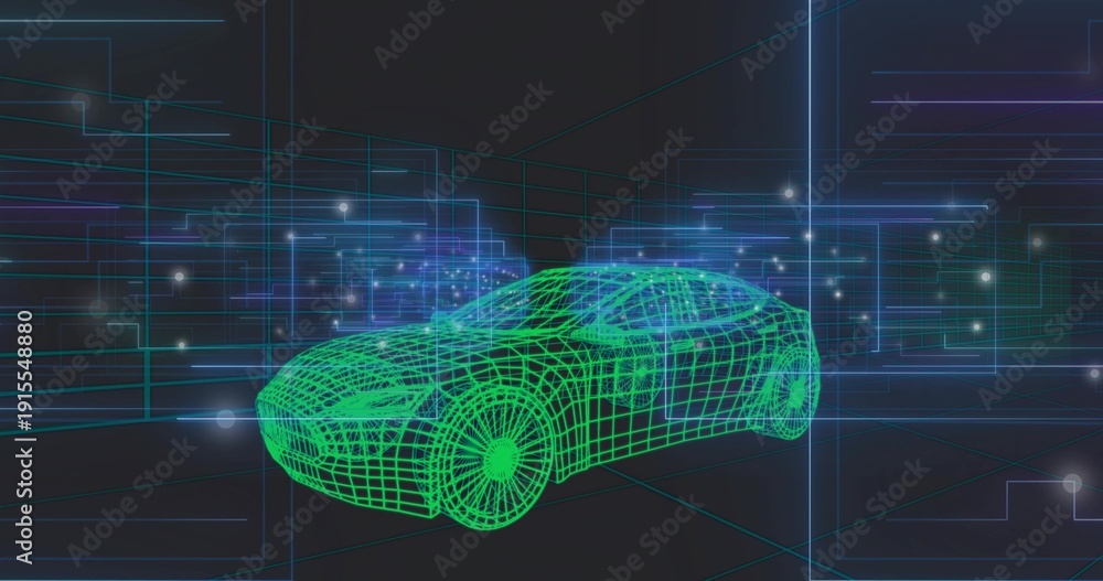 Fototapeta premium Displaying green wireframe car model rotating in 3D workspace, with perspective grid, cyan panels