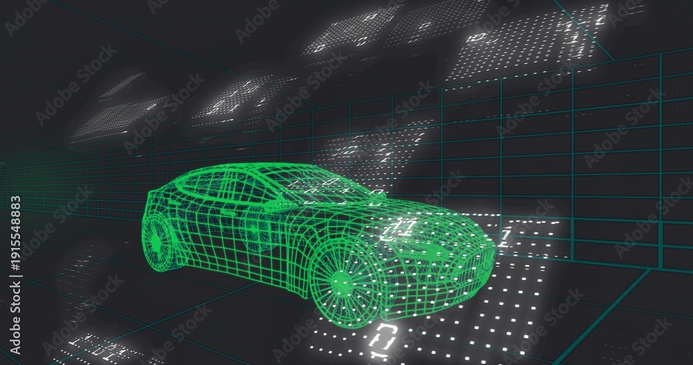 Naklejka premium Showing neon green wireframe sedan rotating in digital studio, with teal grids and white dots