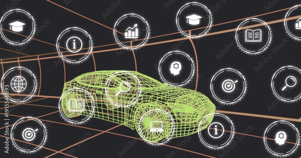 Fototapeta premium Displaying neon-green wireframe car floating on orange grid at virtual dashboard, with HUD icons