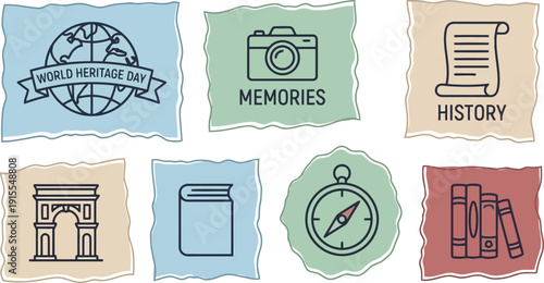 Historical monuments and travel icons set for heritage day