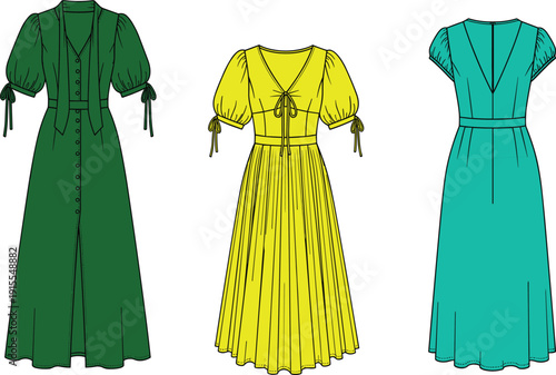 Vector Illustration Set of Women Fashion Apparel Featuring Utility Pinafore Mini Dresses and Vintage Cottagecore Puff Sleeve Button Down Midi Dresses