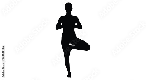 A black silhouette depicts a person in a tree pose yoga stance showcasing balance and graceful posture against a stark white background