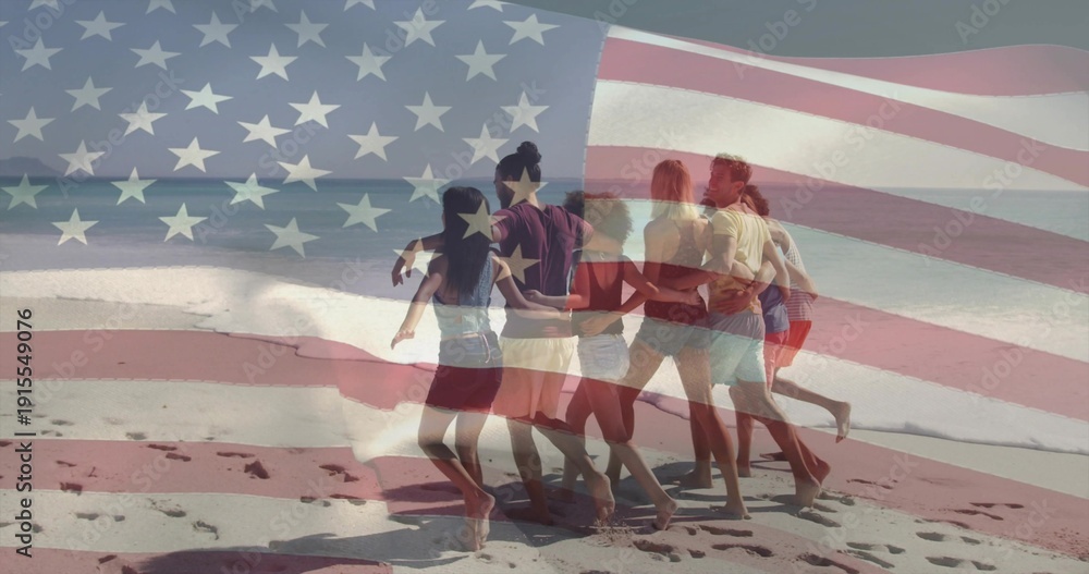 Naklejka premium Walking seven adults in swimwear, barefoot, arm-in-arm along wet beach with US flag and prints