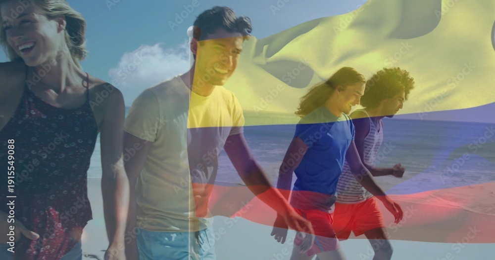 Obraz premium Walking five adults in summer clothes moving along wet sand at beach, with tricolor flag overlay
