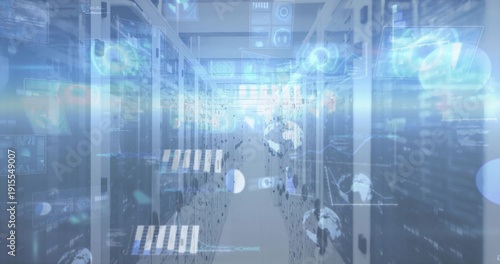 Glowing server racks showing LED status lights down central aisle, displaying holographic data