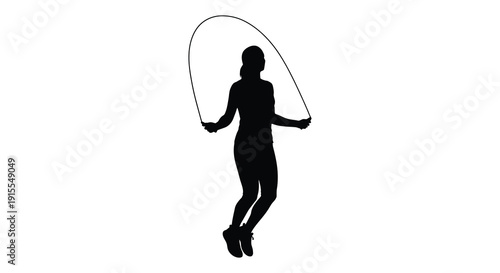 A black silhouette depicts a person jumping rope actively engaged in a fitness exercise against a stark white background showcasing dynamic movement
