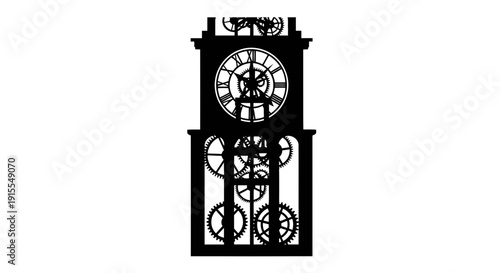 Silhouette of an antique grandfather clock with intricate gears.