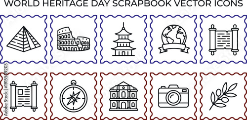 Set of vector icons for world heritage day scrapbooking