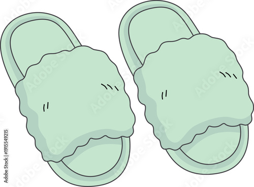 Hand Drawn Minimalist Illustration of Cozy Mint Green Fluffy Slippers for Loungewear and Home Comfort Concept