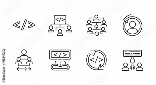 Diverse icons representing various aspects of software development and team collaboration Vector