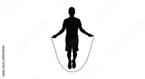 A black silhouette of a person jumping rope depicted in a simple graphic style against a stark white background showing athleticism and movement