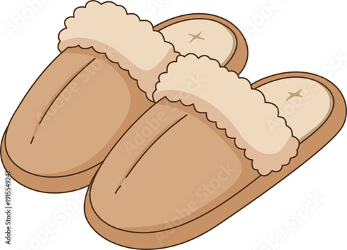 Minimalist Hand Drawn Illustration of Brown Fluffy House Slippers with Faux Fur Lining for Cozy Loungewear and Home Comfort Concept