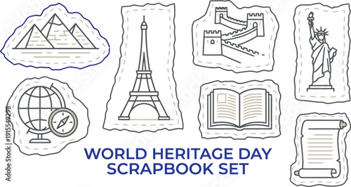 World heritage day scrapbook set with famous landmarks and symbols