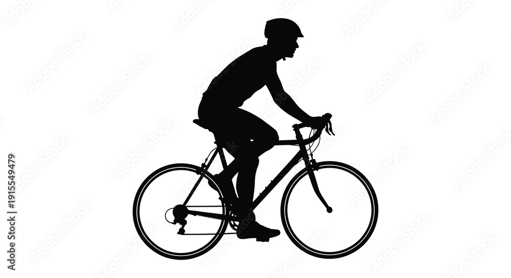 Obraz premium A black silhouette depicts a cyclist riding a road bike showcasing dynamic movement and athletic posture against a stark white background