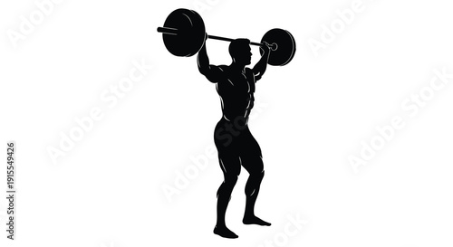 A black silhouette depicts a muscular person performing a weightlifting exercise raising a barbell above their head in a powerful motion silhouette