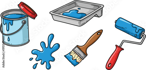 House Painting Tool Set Featuring Blue Paint Bucket Metal Tray Roller Brush and Paint Splatter for Home Renovation Vector