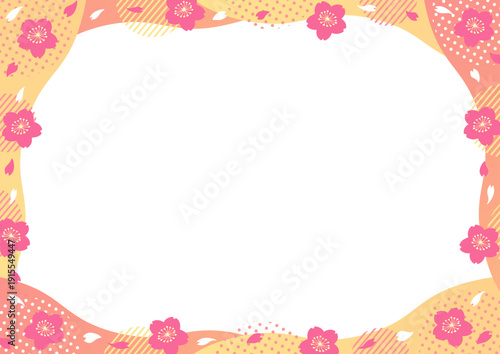 桜とドットやストライプの丸い幾何学模様と波型のフレーム_オレンジ
