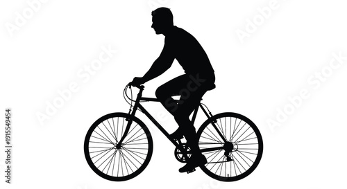 A black silhouette depicts a man riding a bicycle on a white background showcasing a side view of the cyclist and his transport