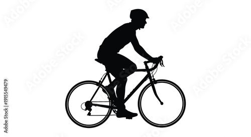 A black silhouette depicts a cyclist riding a road bike showcasing dynamic movement and athletic posture against a stark white background
