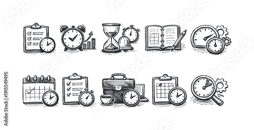 Time management outline icon set. Task, schedule, deadline, productivity icons collection.