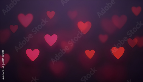 Soft focus glowing red hearts on a dark purple backdrop