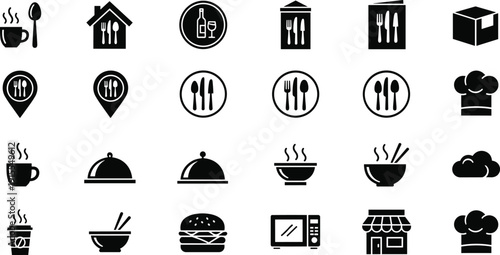 Restaurant and food service icons set with coffee, chef hat, utensils, burger, microwave, delivery box, and kitchen symbols, black silhouette vector collection isolated background