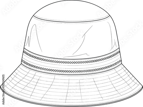 Technical flat sketch of a classic bucket hat with stitched brim and crown, cad drawing flat vector illustration apparel template