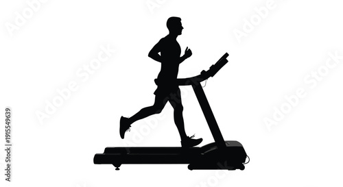 A black silhouette of a man jogging on a treadmill machine against a stark white background depicting exercise and fitness