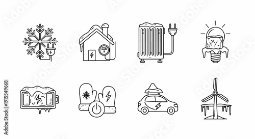 A collection of simple line drawings depicting various objects and buildings. Vector