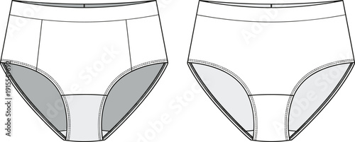 WebTechnical flat sketch of women high waisted briefs underwear with wide elastic waistband, cad drawing flat vector illustration apparel template