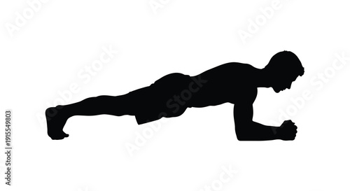 A black silhouette depicts a person performing a plank exercise showcasing a strong core and balanced posture against a white background