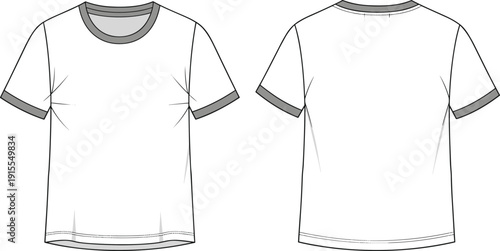 Technical flat sketch of women short sleeve ringer t-shirt with crew neck and contrast ribbed trim, cad drawing flat vector illustration apparel template
