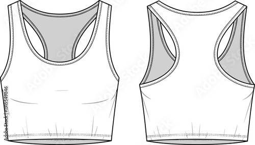 Womens racerback sports bra cad drawing flat vector illustration with elastic underband scoop neck and athletic performance wear fashion design template