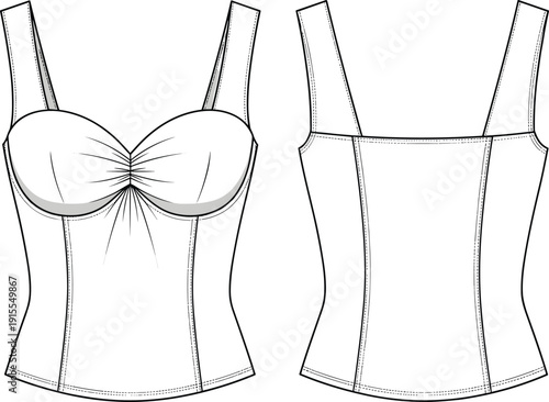 Womens sweetheart neck corset bustier top cad drawing flat vector illustration with paneled seams wide straps and gathered chest fashion template