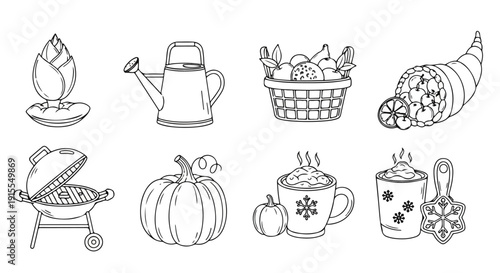 A delightful array of autumn-themed illustrations showcasing various harvest items and activities Vector
