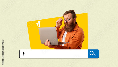 A man with glasses shows surprise while looking at a laptop screen. The background features a bright yellow and a search bar design. This collage creates a lively atmosphere for online activity.